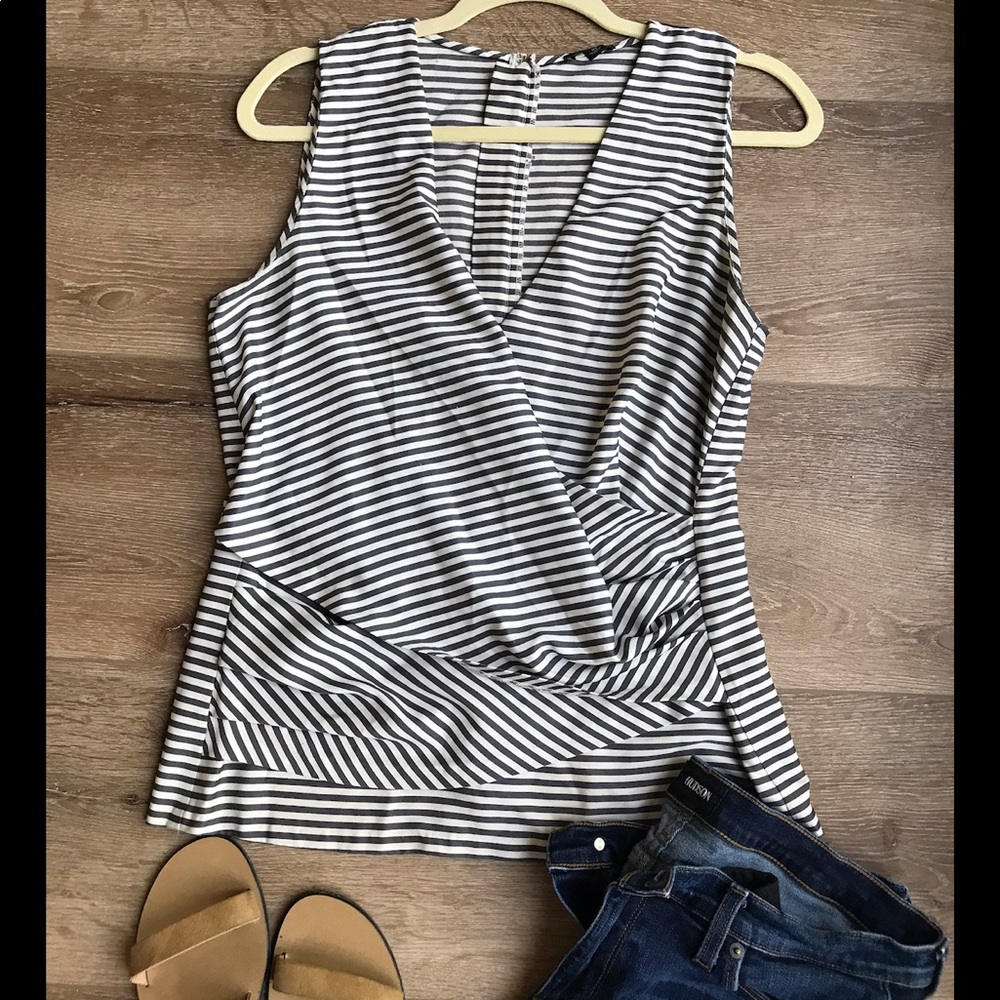 Ann Taylor navy blue striped blouse, deep v-neck